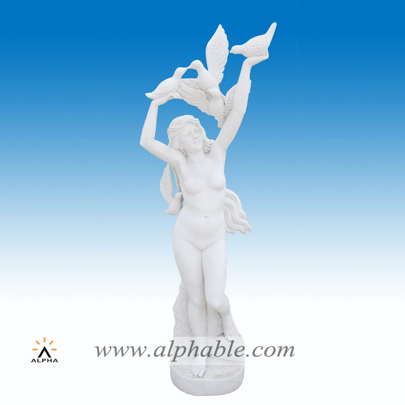 Marble naked female with pigeons sculpture